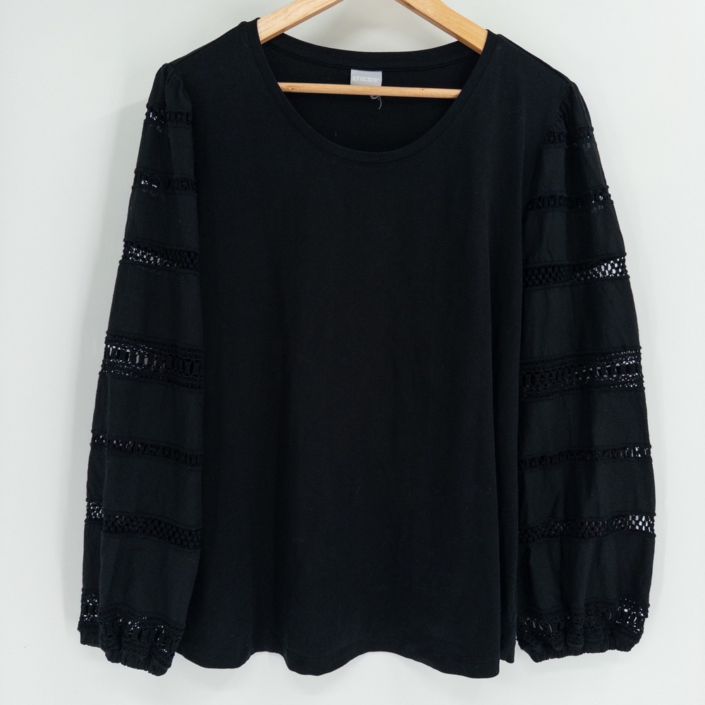 Chicos Crochet Lace Sleeve Top Women Large Black Scoop Neck Boho Modest Oficr